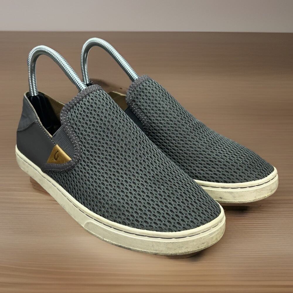 OluKai Pehuea Shoes Womens 7 Slip On Loafer Sneaker Grey Mesh Casual Fold Down